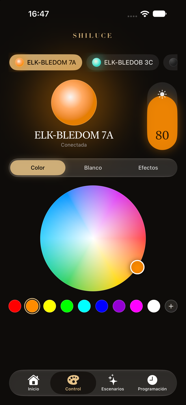 Control de color y brillo de una lámpara en Shiluce