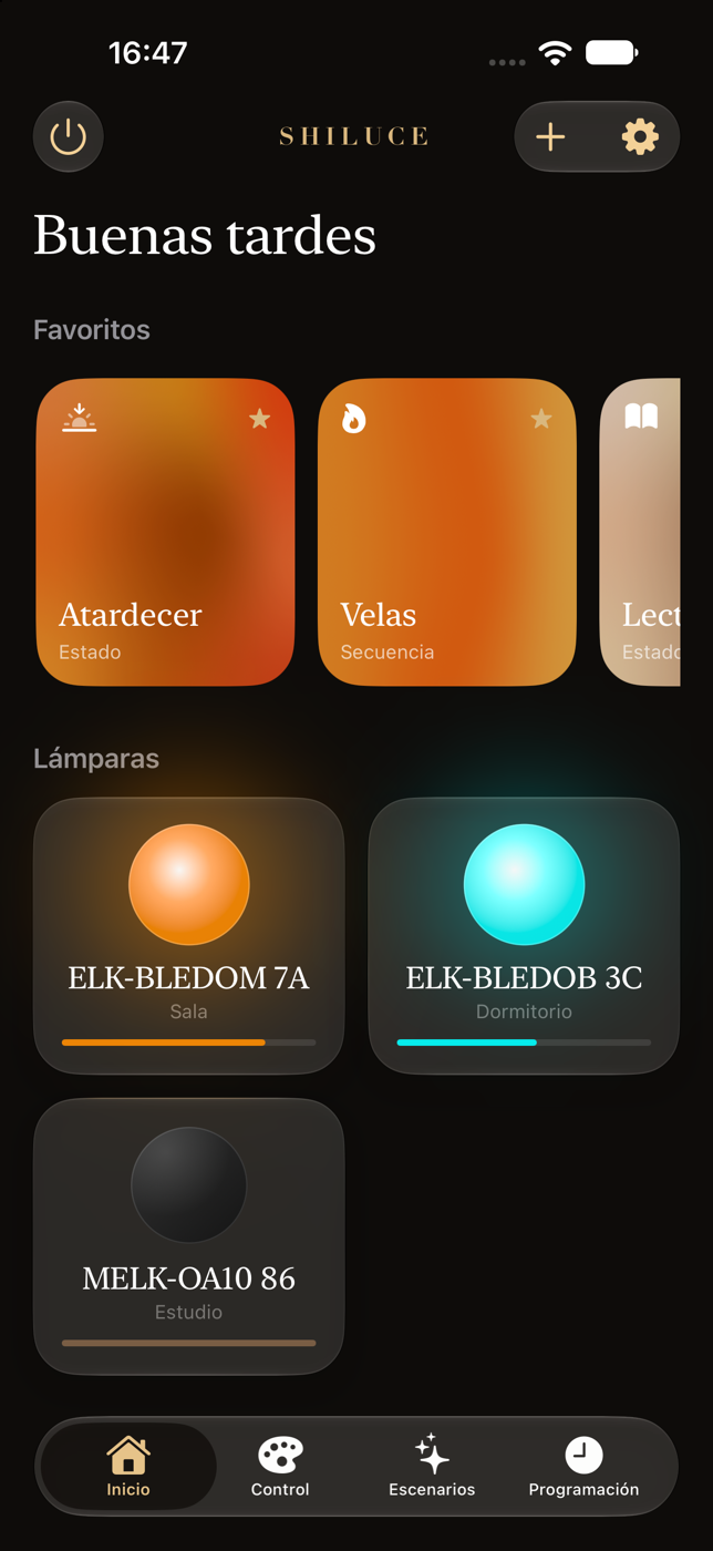 Pantalla de inicio de Shiluce con la lista de lámparas